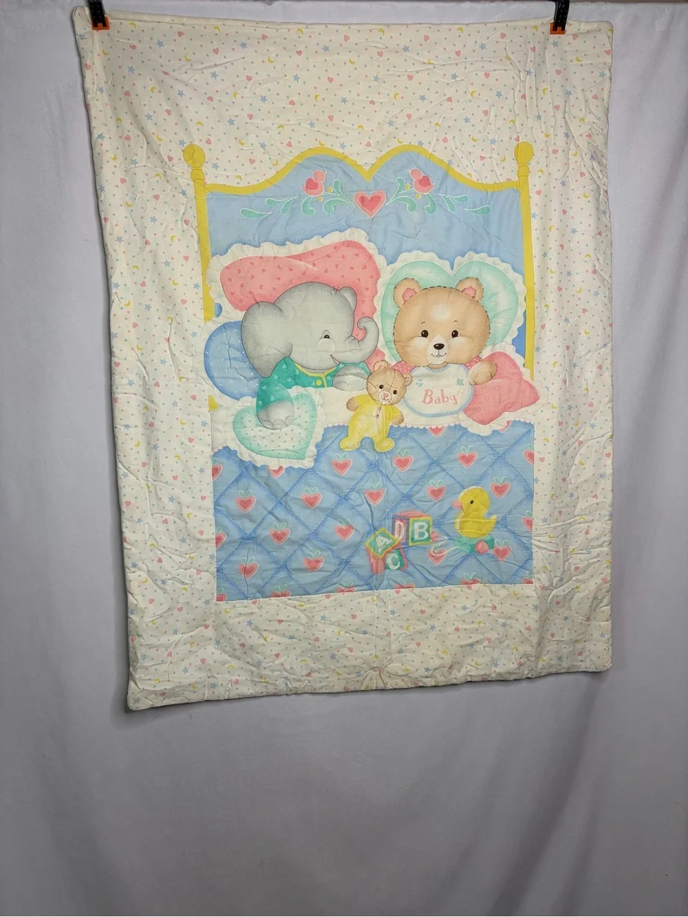 Vtg Pastel Baby Quilt Bears Duck Blocks Elephant Blanket 33X42